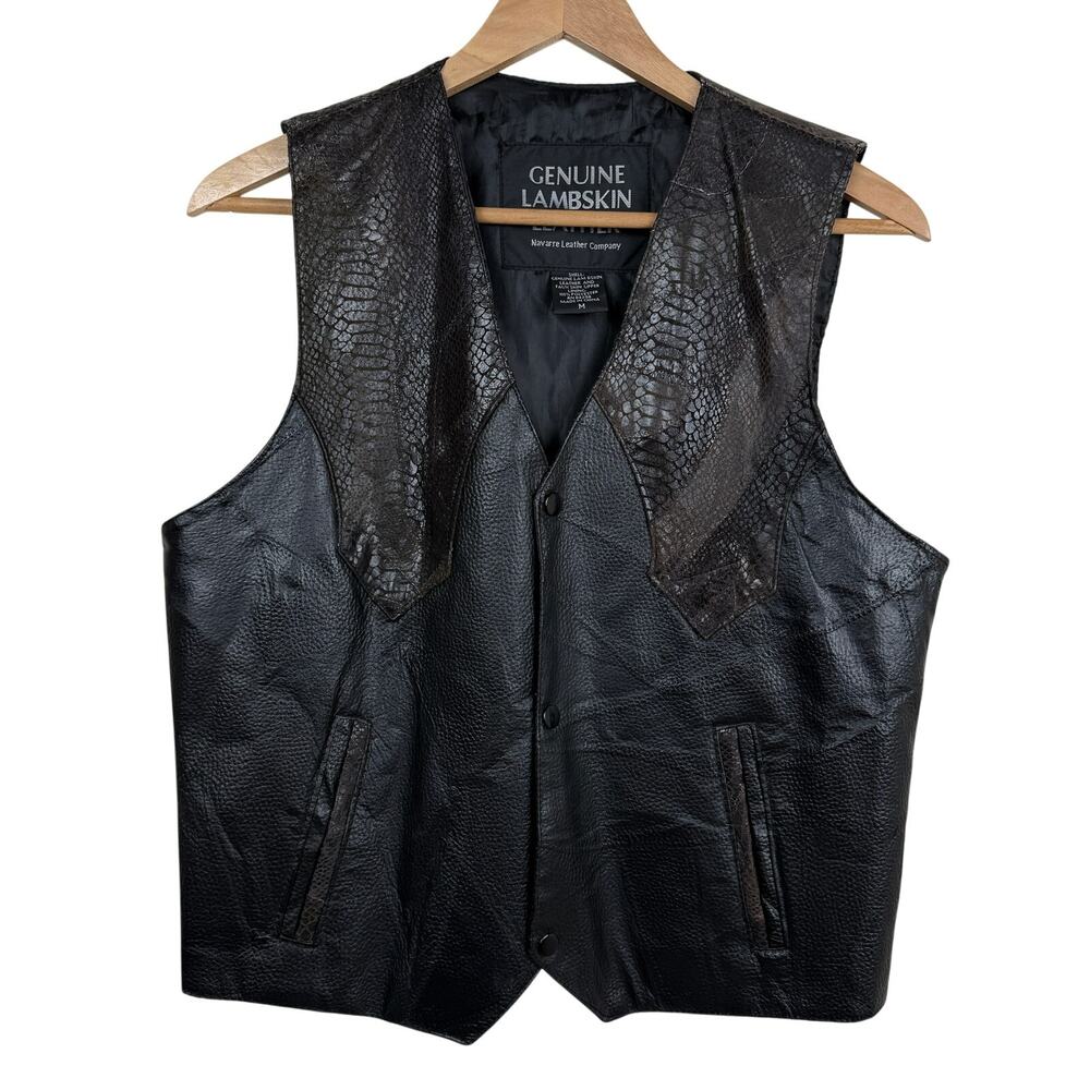 Navarre Leather Company Lambskin Vest Mens M Black Faux Snakeskin Western Biker